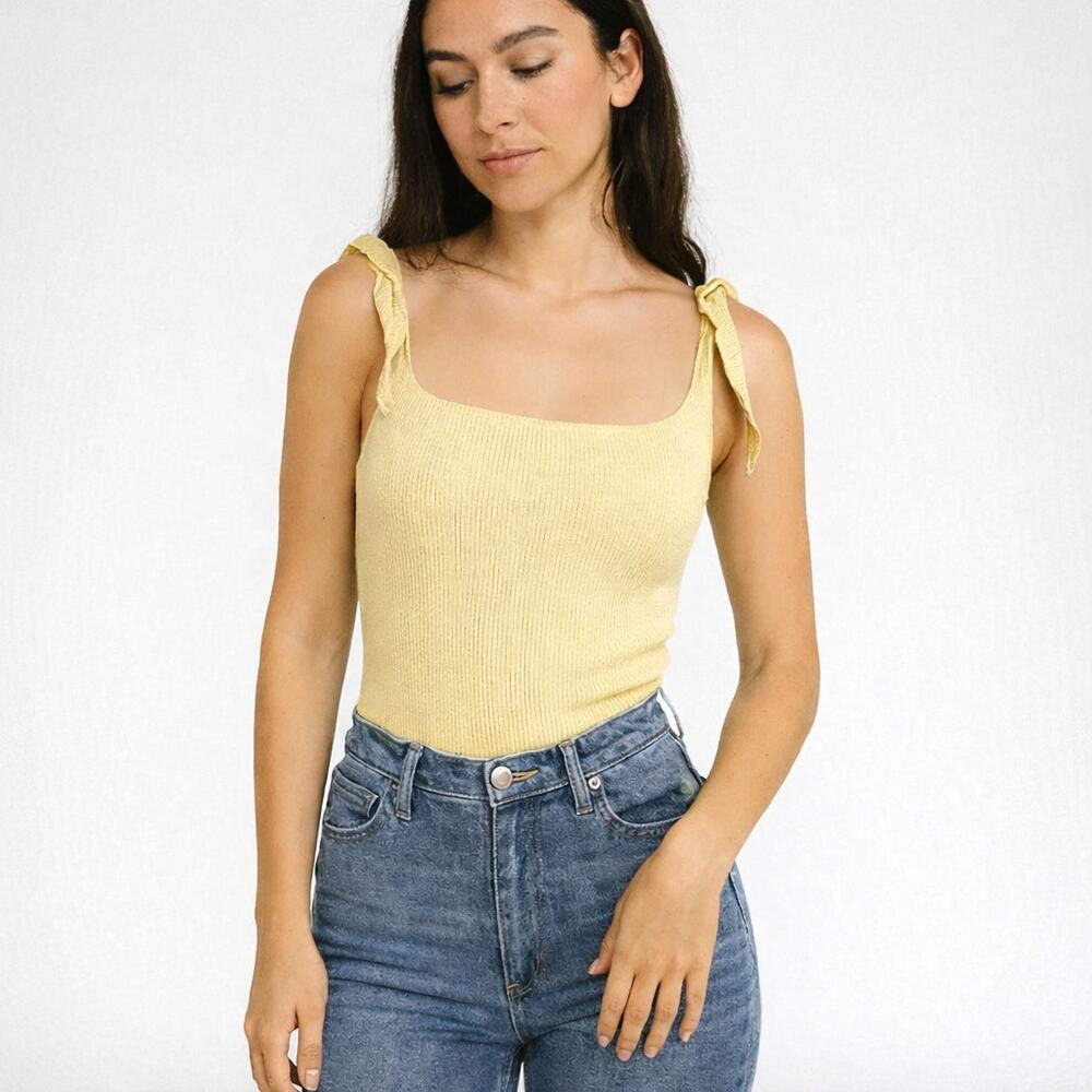 NEW Lulus Yellow Ribbed Tie Strap Bodysuit Square Neck Fitted Womens Sm